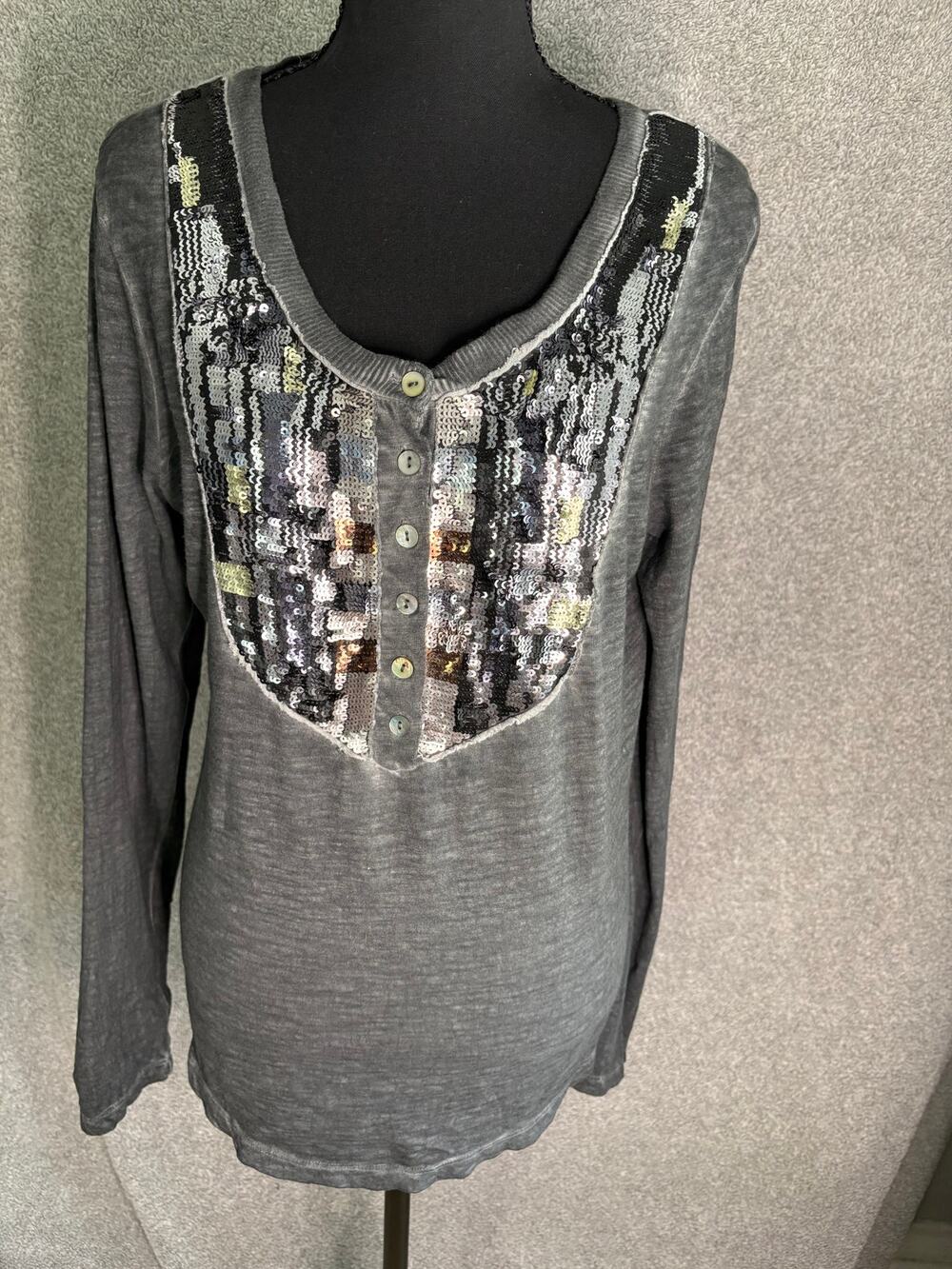 Free People Tiger Eyes Sequin Henley Gray Boho Grunge